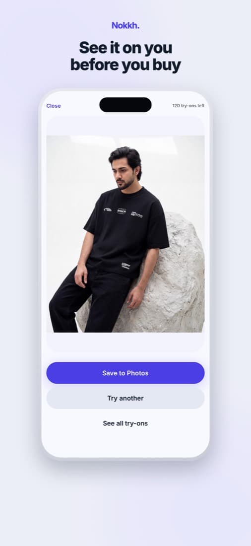 Nokkh app: a finished try-on, ready to save to Photos